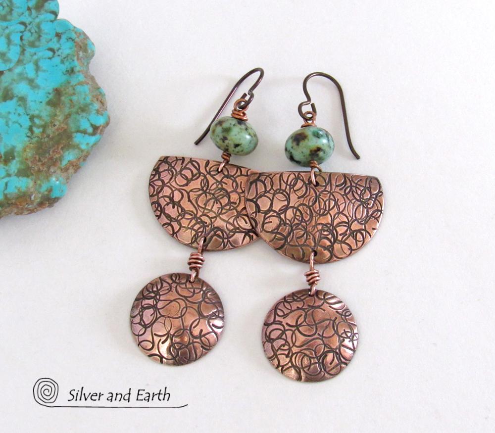 Copper Dangle Earrings with African Turquoise - Hand Forged Metal Jewelry