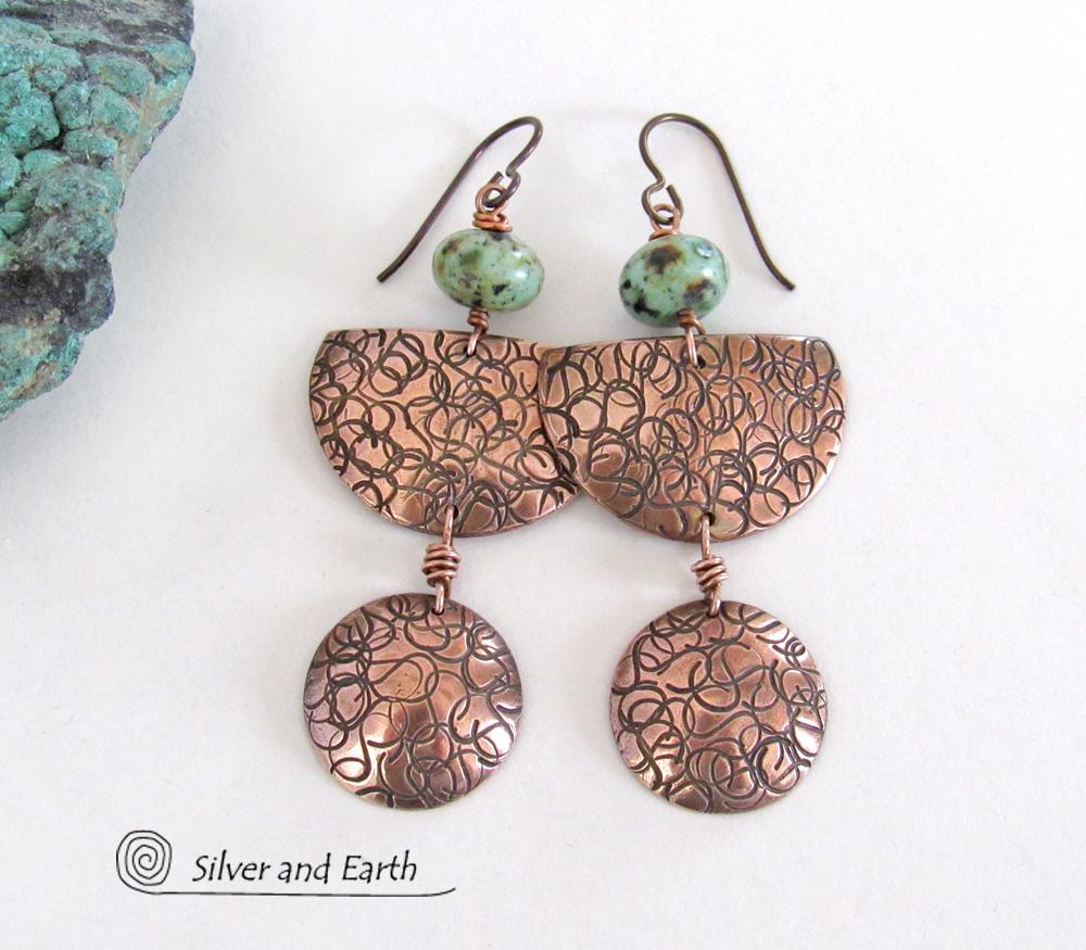 Copper Dangle Earrings with African Turquoise - Hand Forged Metal Jewelry