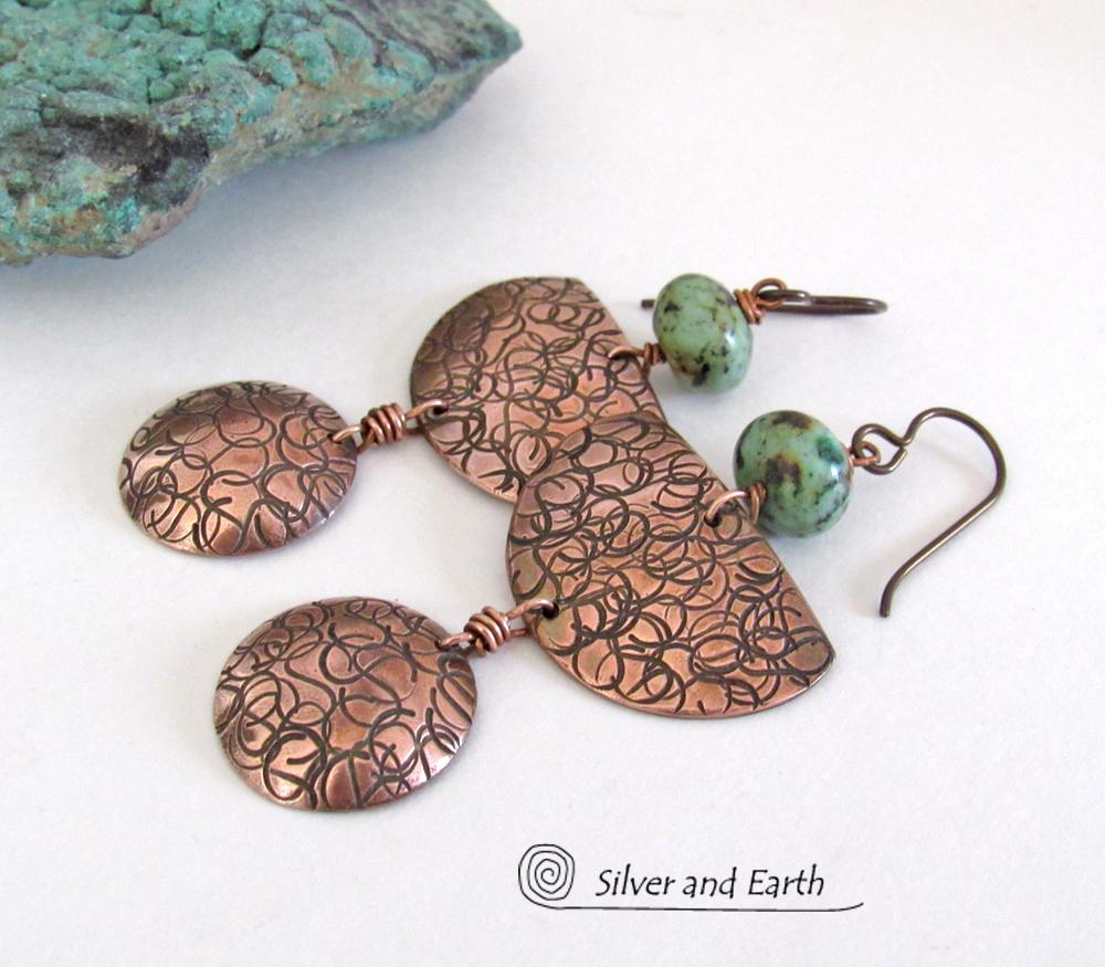 Copper Dangle Earrings with African Turquoise - Hand Forged Metal Jewelry