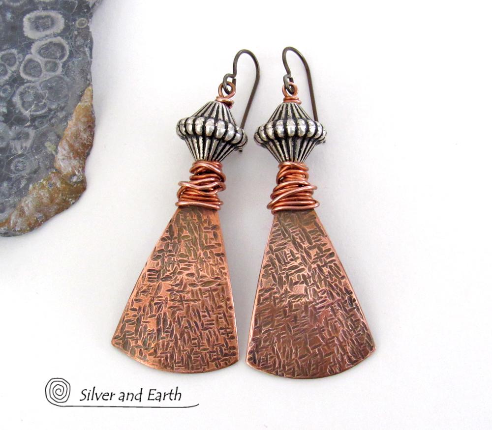 Bohemian Tribal Copper Earrings with Silver Beads - Unique Handcrafted Mixed Metal Jewelry