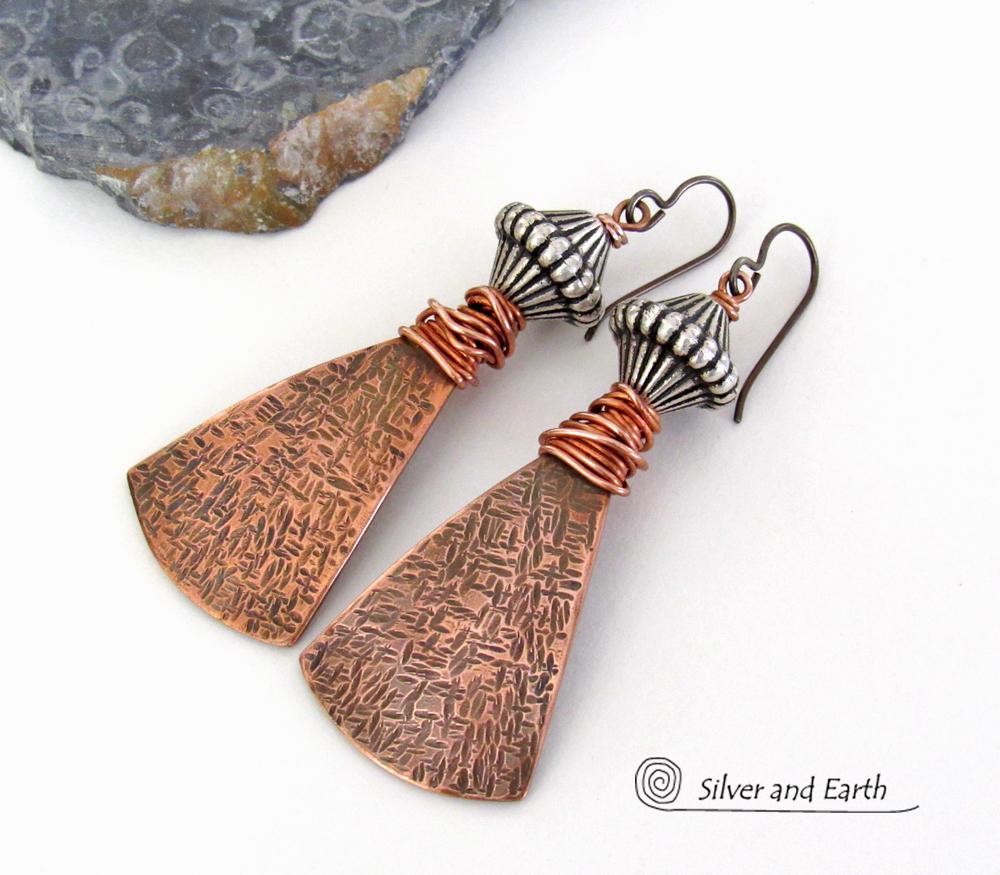 Bohemian Tribal Copper Earrings with Silver Beads - Unique Handcrafted Mixed Metal Jewelry