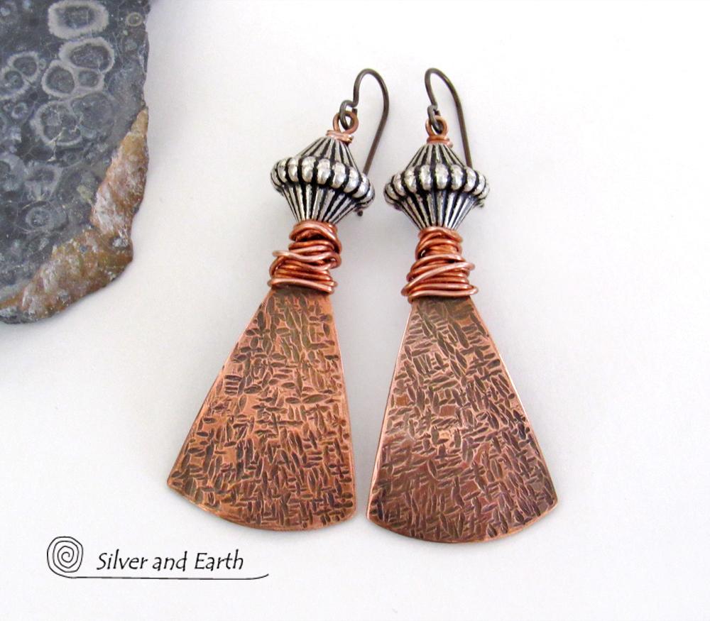 Bohemian Tribal Copper Earrings with Silver Beads - Unique Handcrafted Mixed Metal Jewelry