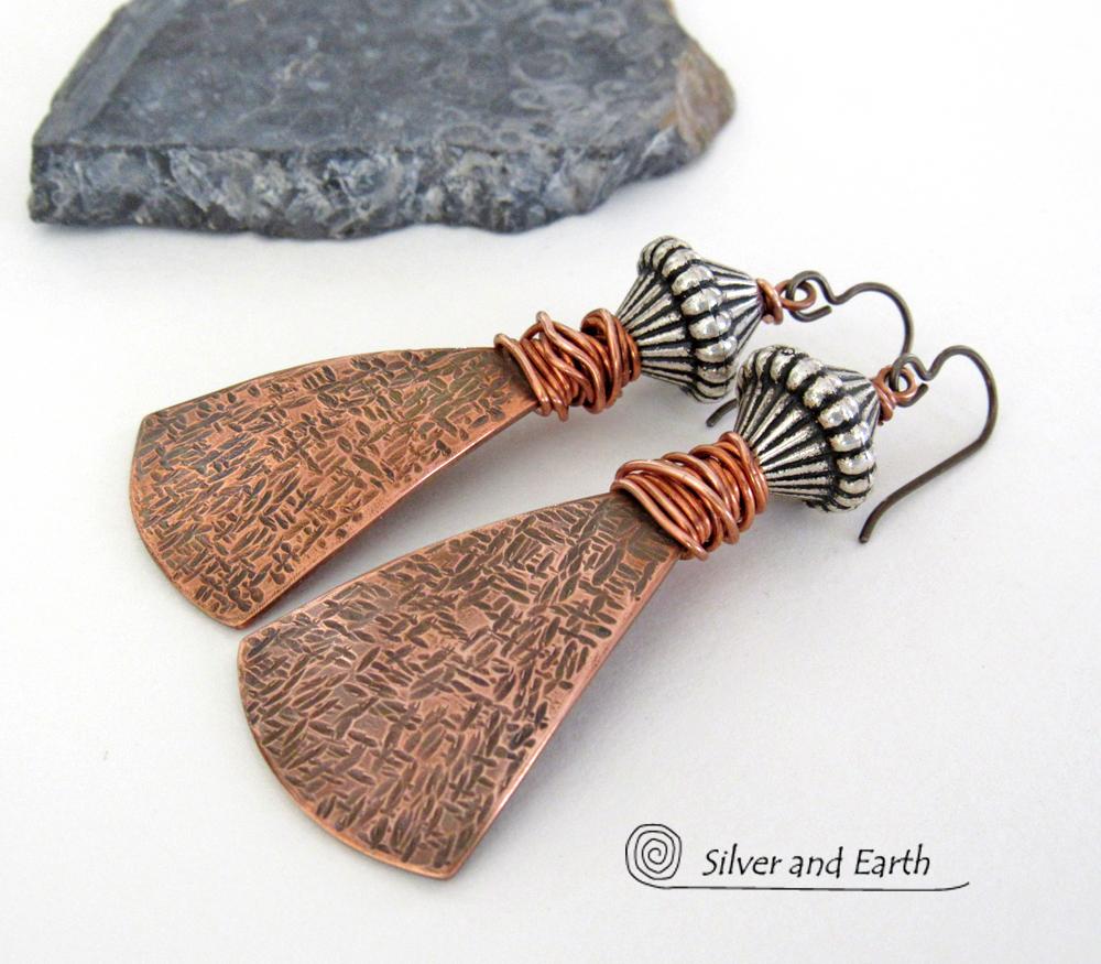 Bohemian Tribal Copper Earrings with Silver Beads - Unique Handcrafted Mixed Metal Jewelry