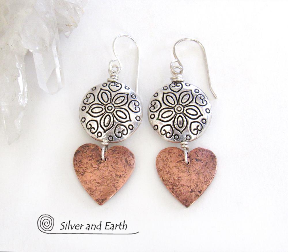 Mixed Metal Copper Heart Earrings with Pewter Beads - Romantic Jewelry Gifts for Women