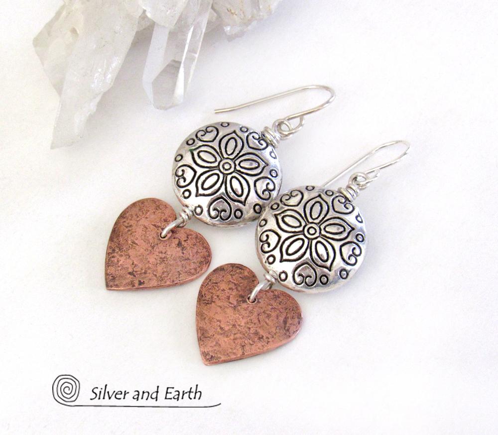 Mixed Metal Copper Heart Earrings with Pewter Beads - Romantic Jewelry Gifts for Women