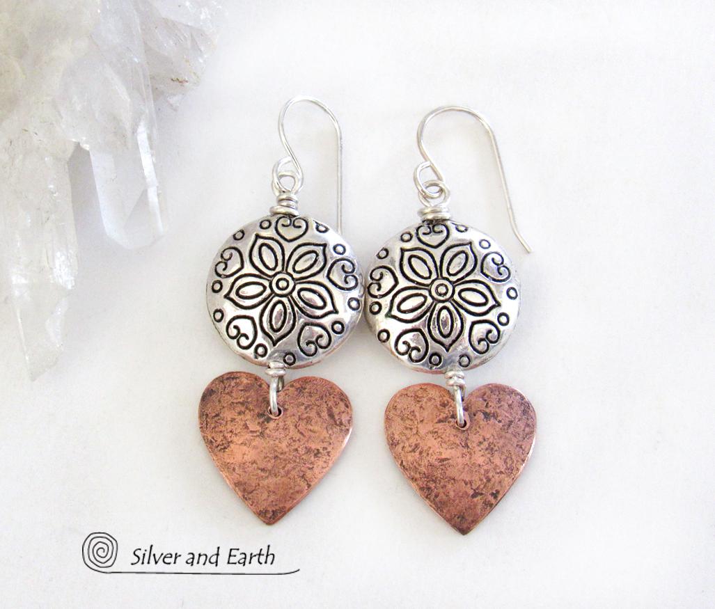 Mixed Metal Copper Heart Earrings with Pewter Beads - Romantic Jewelry Gifts for Women