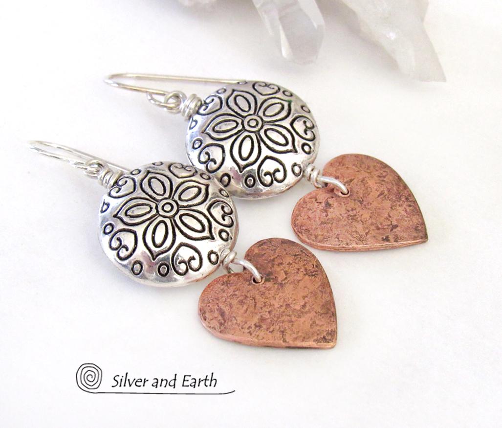 Mixed Metal Copper Heart Earrings with Pewter Beads - Romantic Jewelry Gifts for Women