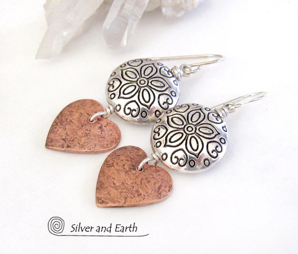 Mixed Metal Copper Heart Earrings with Pewter Beads - Romantic Jewelry Gifts for Women