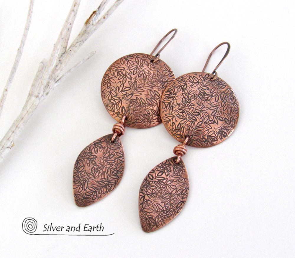 Copper Dangle Earrings with Hand Stamped Leaf Texture - Earthy Nature Jewelry Gifts for Women