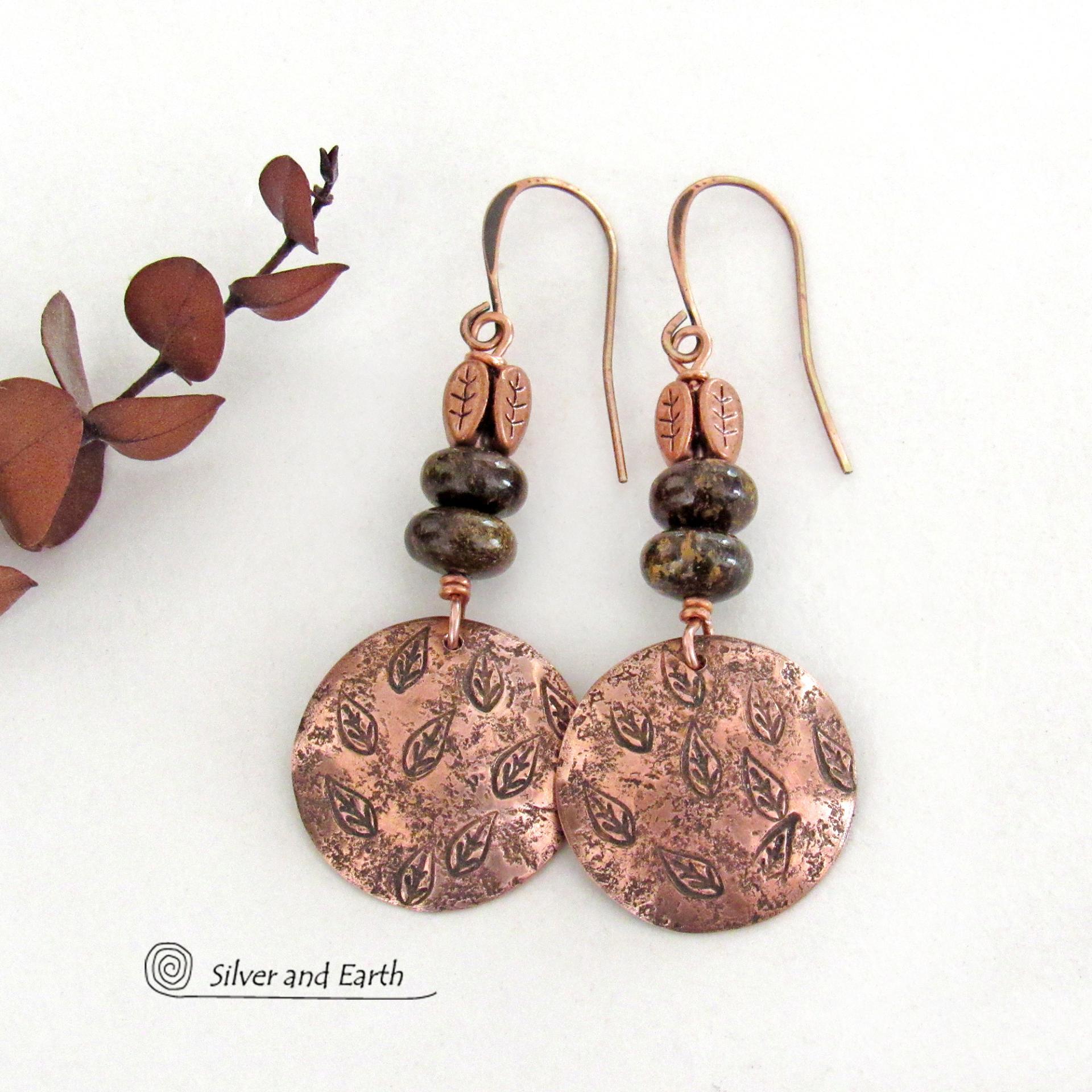 Copper Earrings with Hand Stamped Leaves & Brown Bronzite Stones - Artisan Handmade Earthy Nature Jewelry Gifts for Women