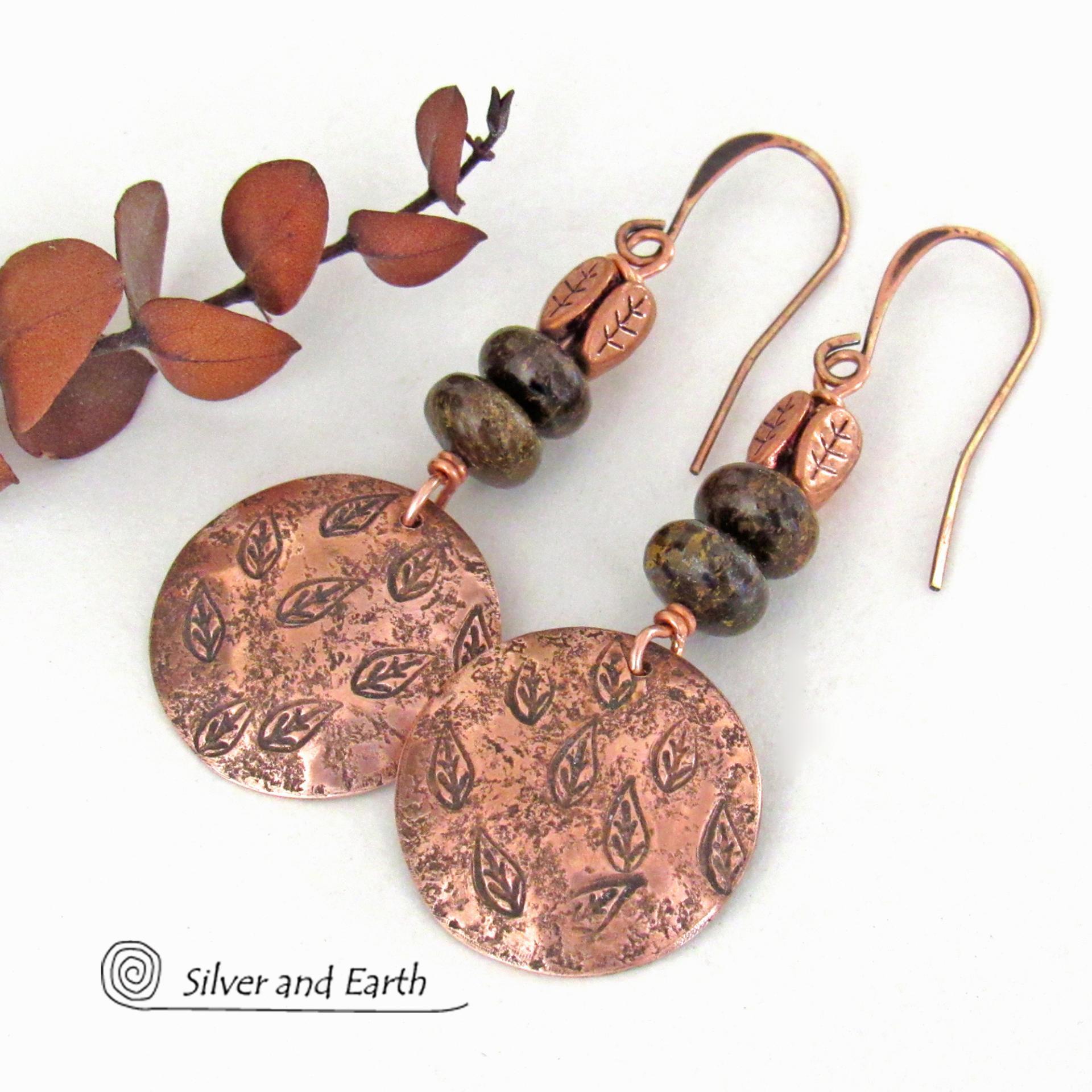 Copper Earrings with Hand Stamped Leaves & Brown Bronzite Stones - Artisan Handmade Earthy Nature Jewelry Gifts for Women