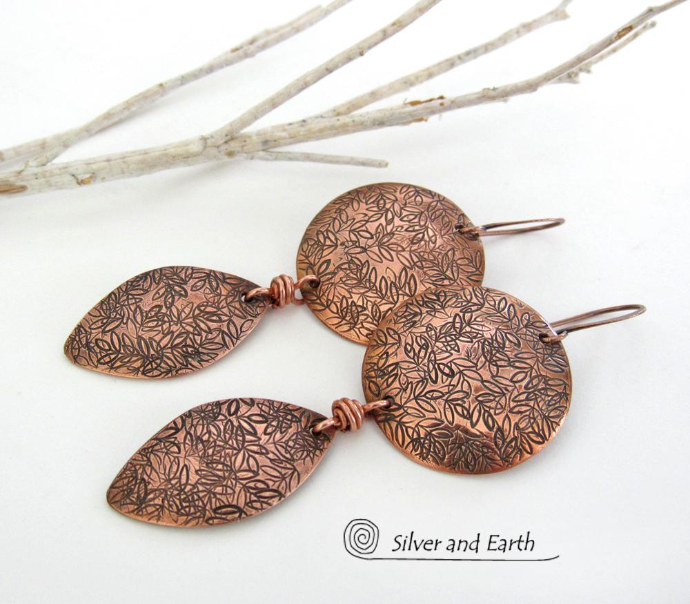 Copper Dangle Earrings with Hand Stamped Leaf Texture - Earthy Nature Jewelry Gifts for Women