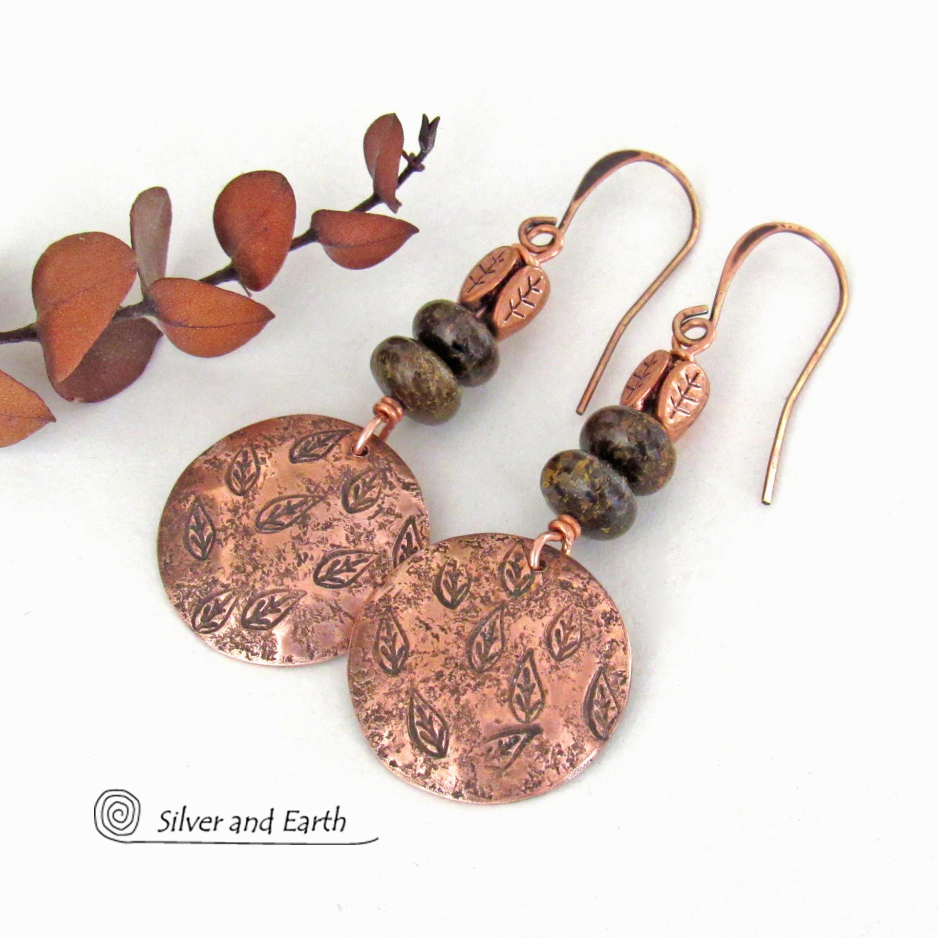 Copper Earrings with Hand Stamped Leaves & Brown Bronzite Stones - Artisan Handmade Earthy Nature Jewelry Gifts for Women