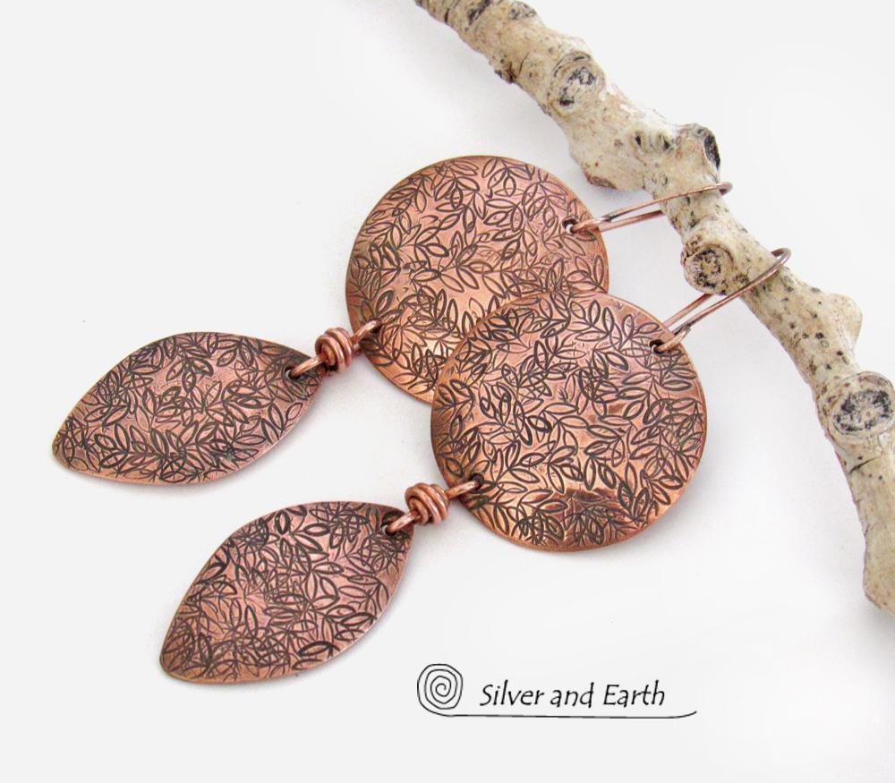 Copper Dangle Earrings with Hand Stamped Leaf Texture - Earthy Nature Jewelry Gifts for Women