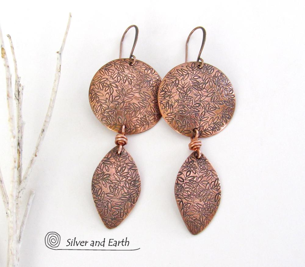 Copper Dangle Earrings with Hand Stamped Leaf Texture - Earthy Nature Jewelry Gifts for Women