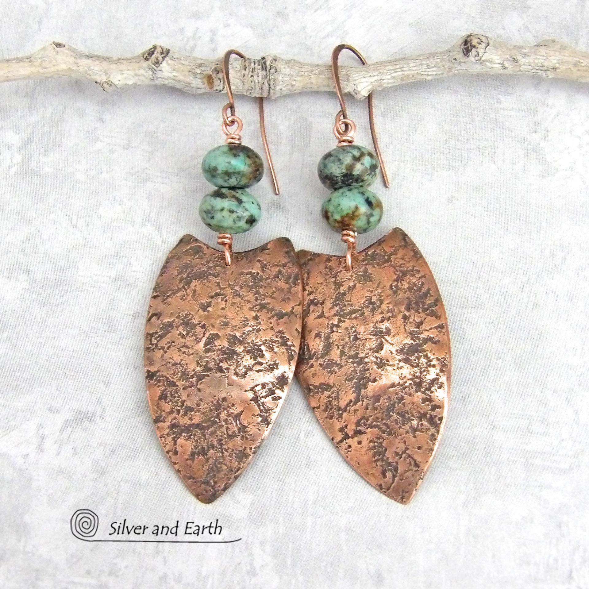 Large Copper Tribal Shield Earrings with Natural African Turquoise Stones 