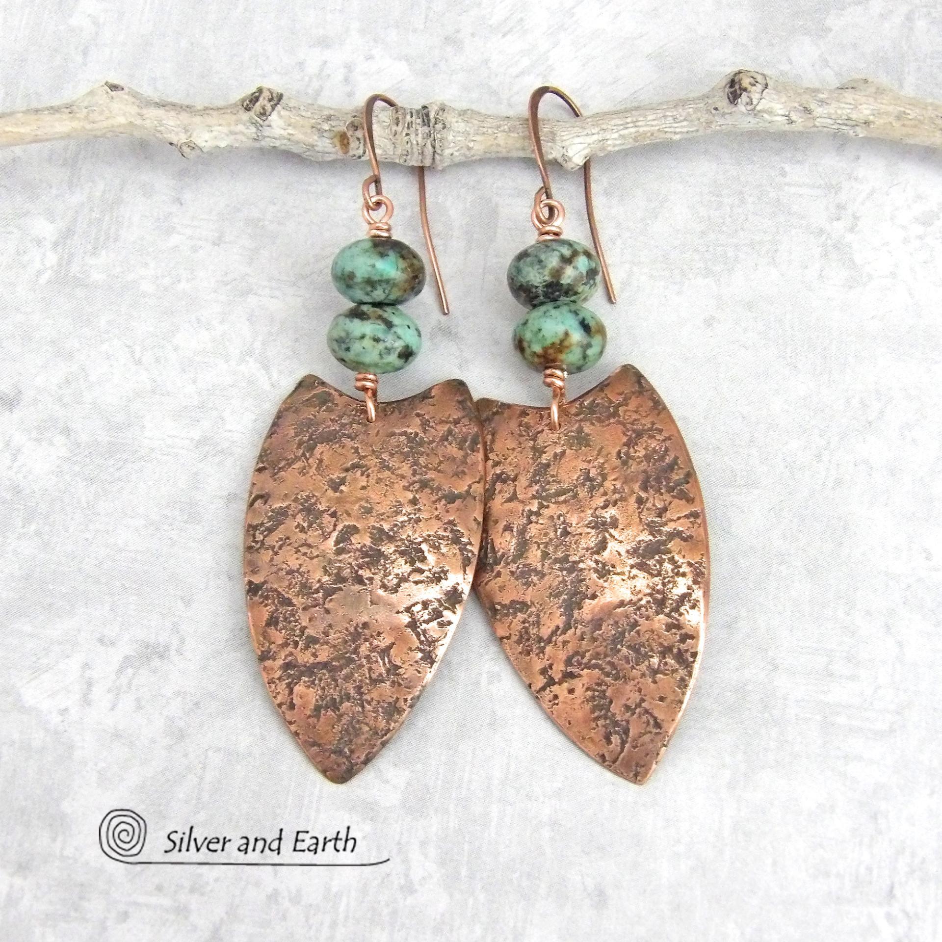 Large Copper Tribal Shield Earrings with Natural African Turquoise Stones 