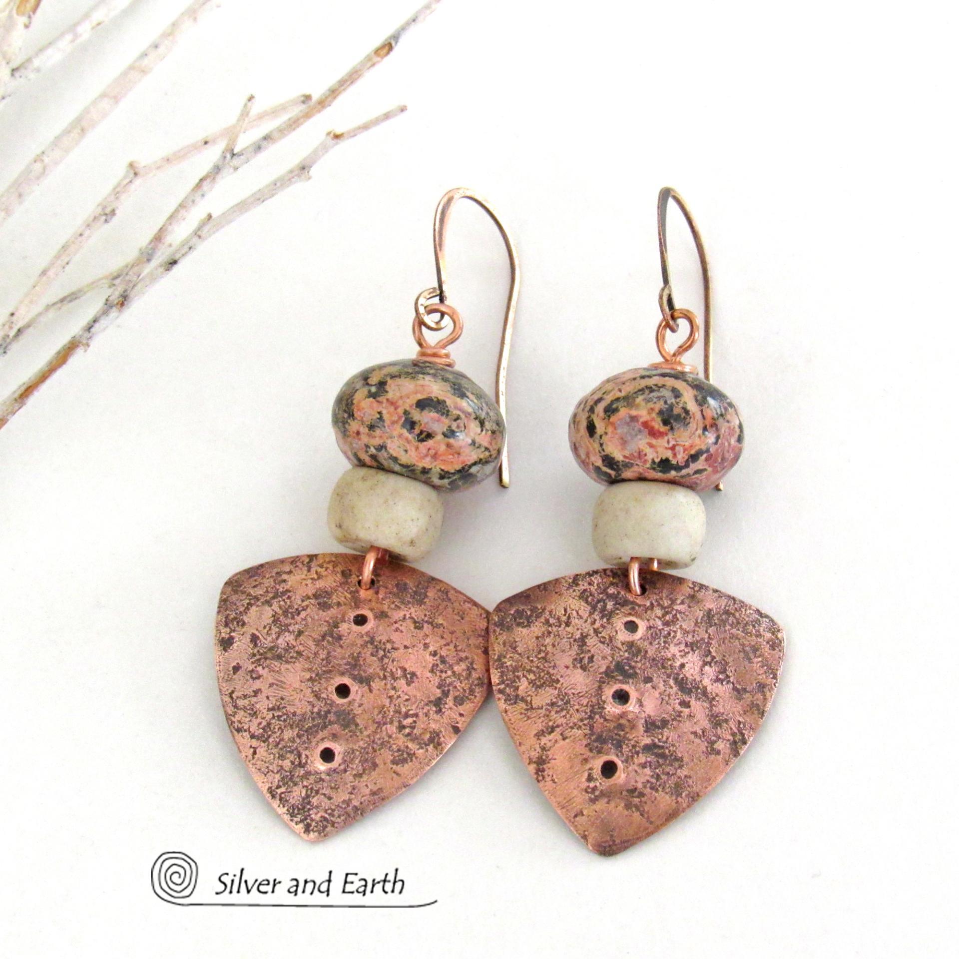 Copper Boho Tribal Shield Earrings with Natural Leopard Skin Jasper Stones & African Glass Beads