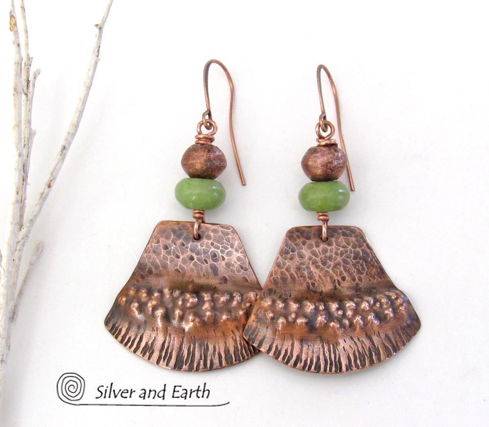 Textured Copper Earrings with Green Serpentine Stones - Rustic Earthy Bohemian Tribal Style Jewelry