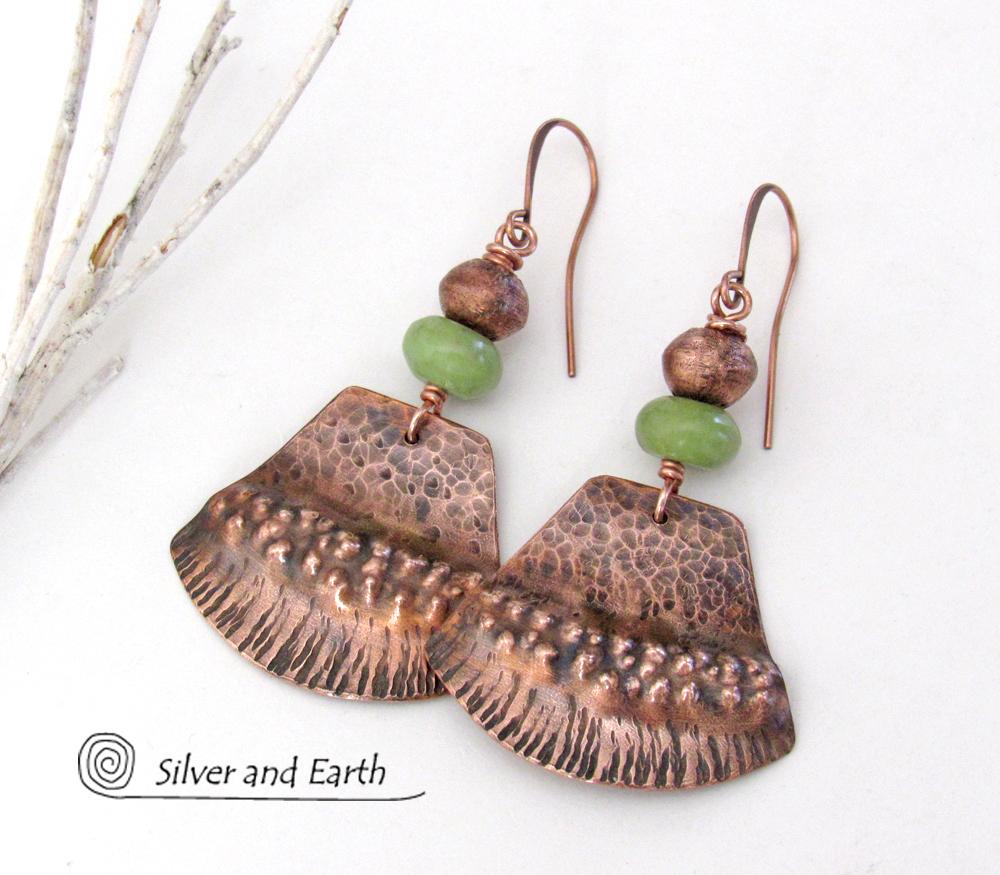 Textured Copper Earrings with Green Serpentine Stones - Rustic Earthy Bohemian Tribal Style Jewelry