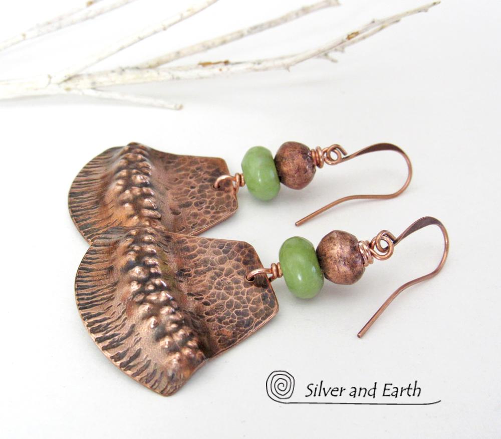 Textured Copper Earrings with Green Serpentine Stones - Rustic Earthy Bohemian Tribal Style Jewelry