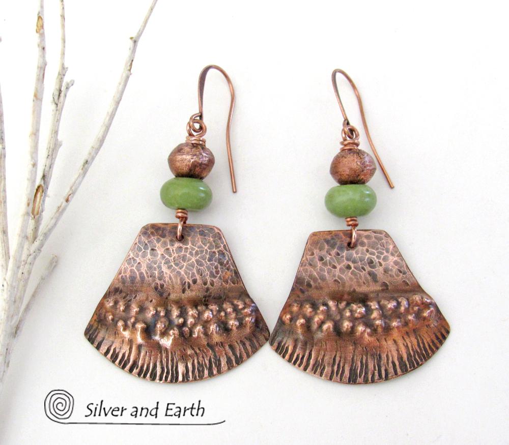 Textured Copper Earrings with Green Serpentine Stones - Rustic Earthy Bohemian Tribal Style Jewelry