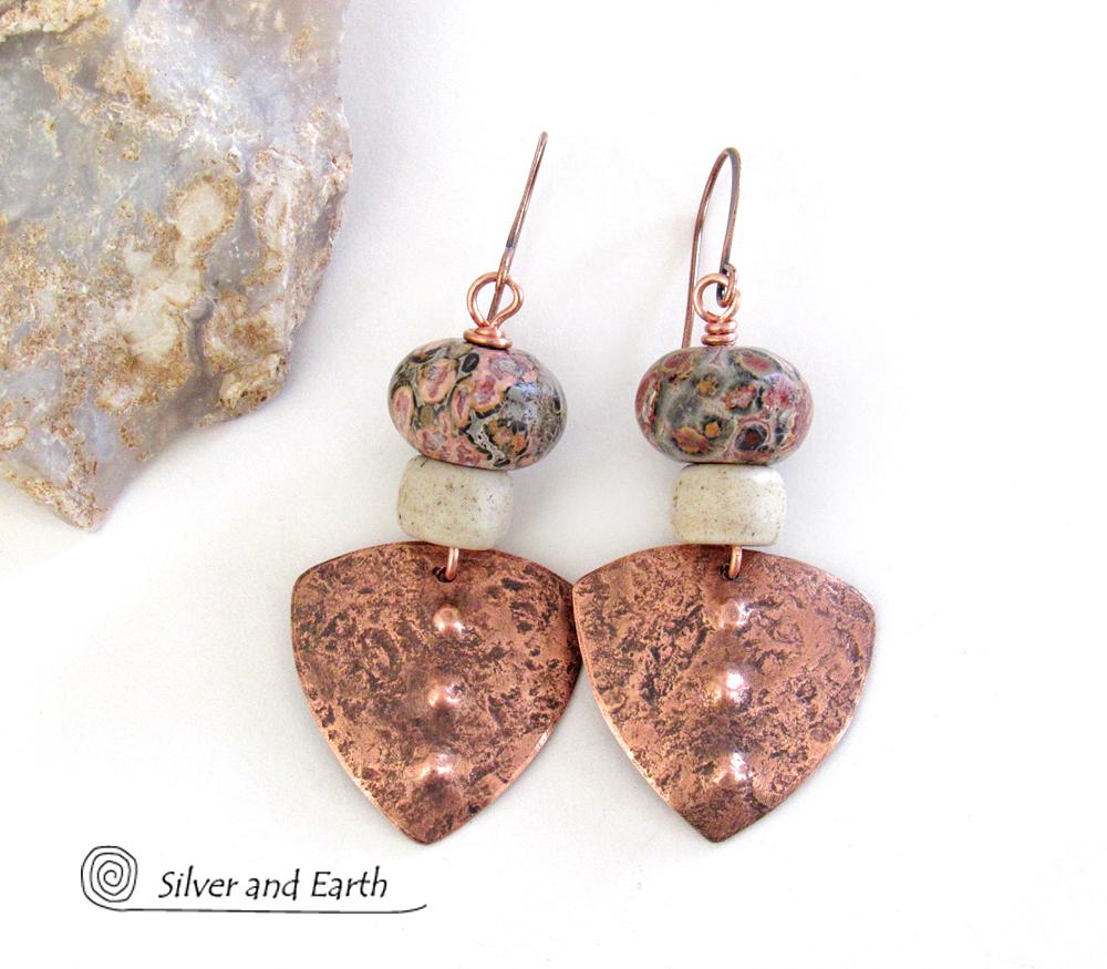 Copper Boho Tribal Shield Earrings with Natural Leopard Skin Jasper Stones & African Glass Beads