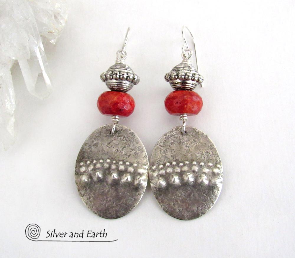 Textured Sterling Silver Oval Dangle Earrings with Red Coral - Modern Tribal Jewelry