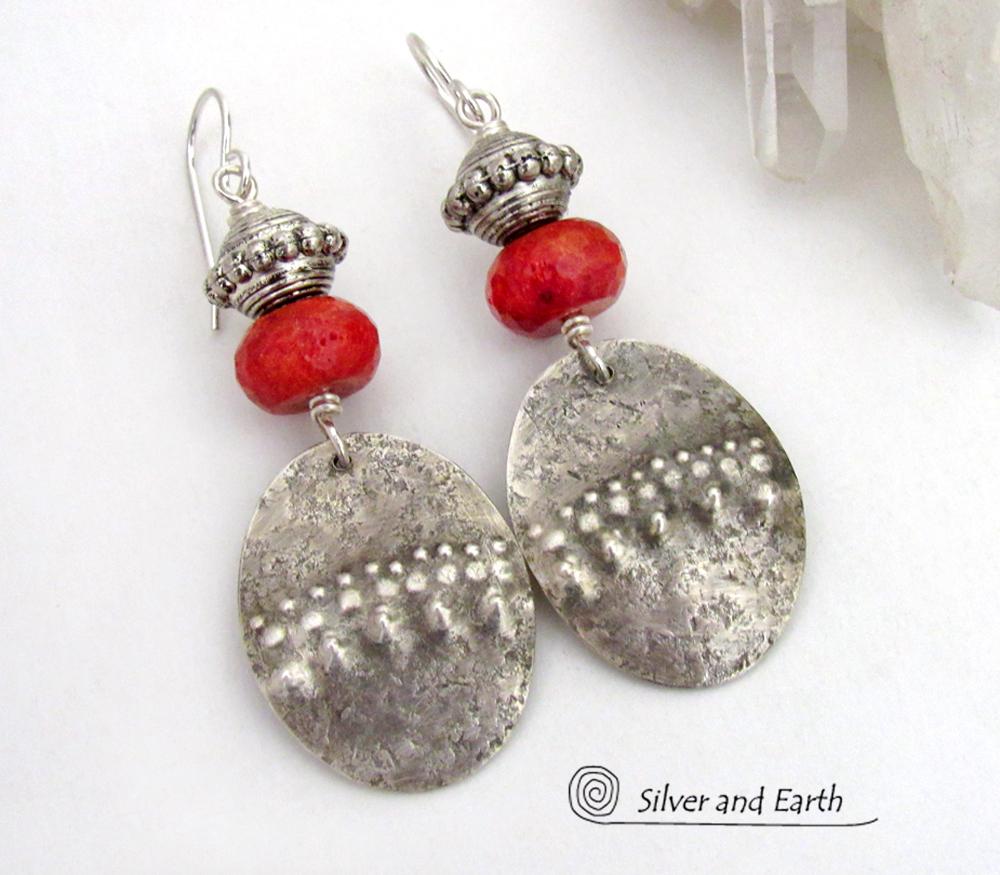 Textured Sterling Silver Oval Dangle Earrings with Red Coral - Modern Tribal Jewelry