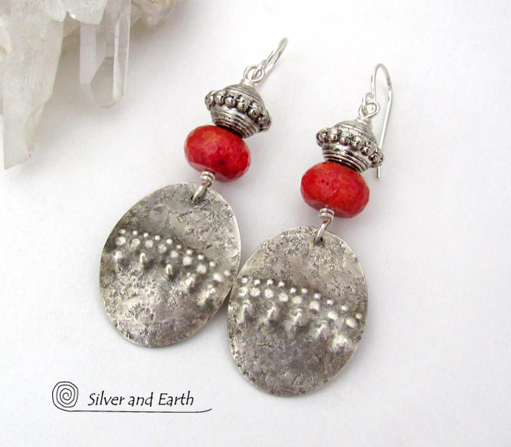 Textured Sterling Silver Oval Dangle Earrings with Red Coral - Modern Tribal Jewelry