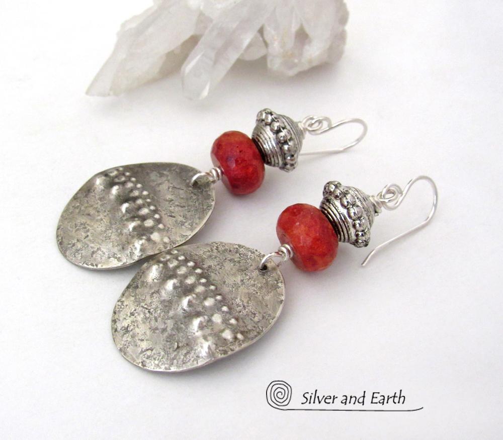 Textured Sterling Silver Oval Dangle Earrings with Red Coral - Modern Tribal Jewelry