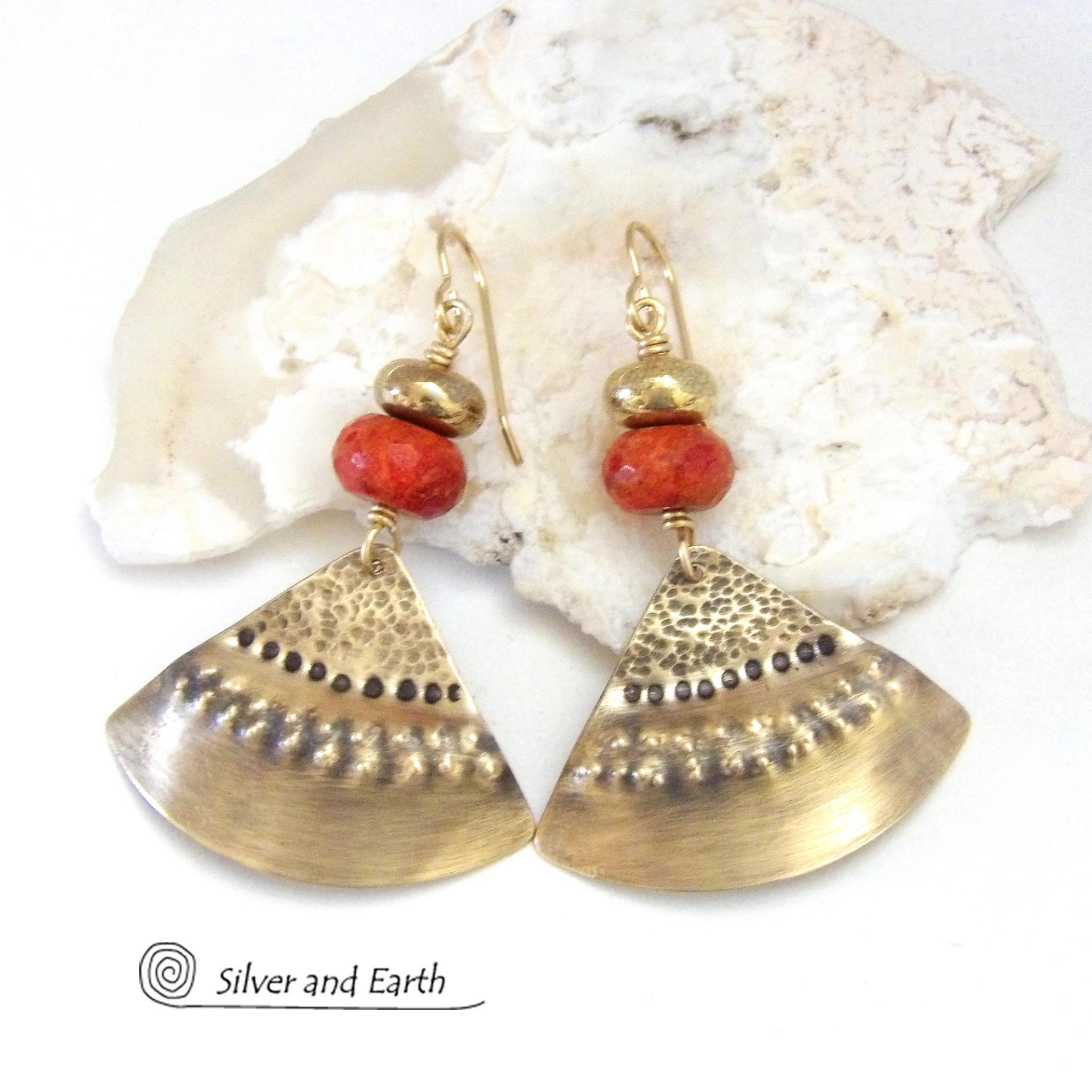 Textured Gold Brass Earrings with Red Coral - Unique Boho Chic Style Jewelry
