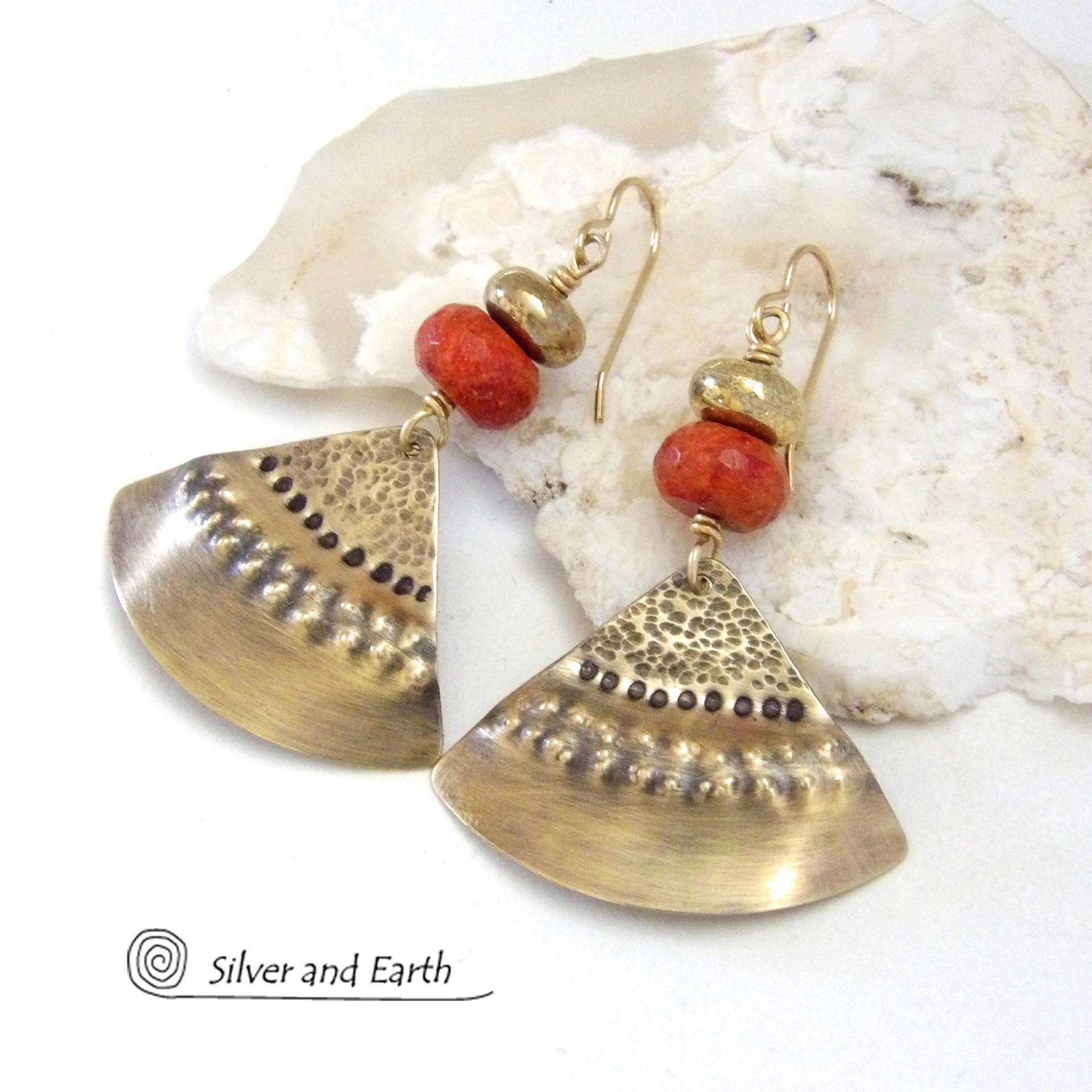 Textured Gold Brass Earrings with Red Coral - Unique Boho Chic Style Jewelry