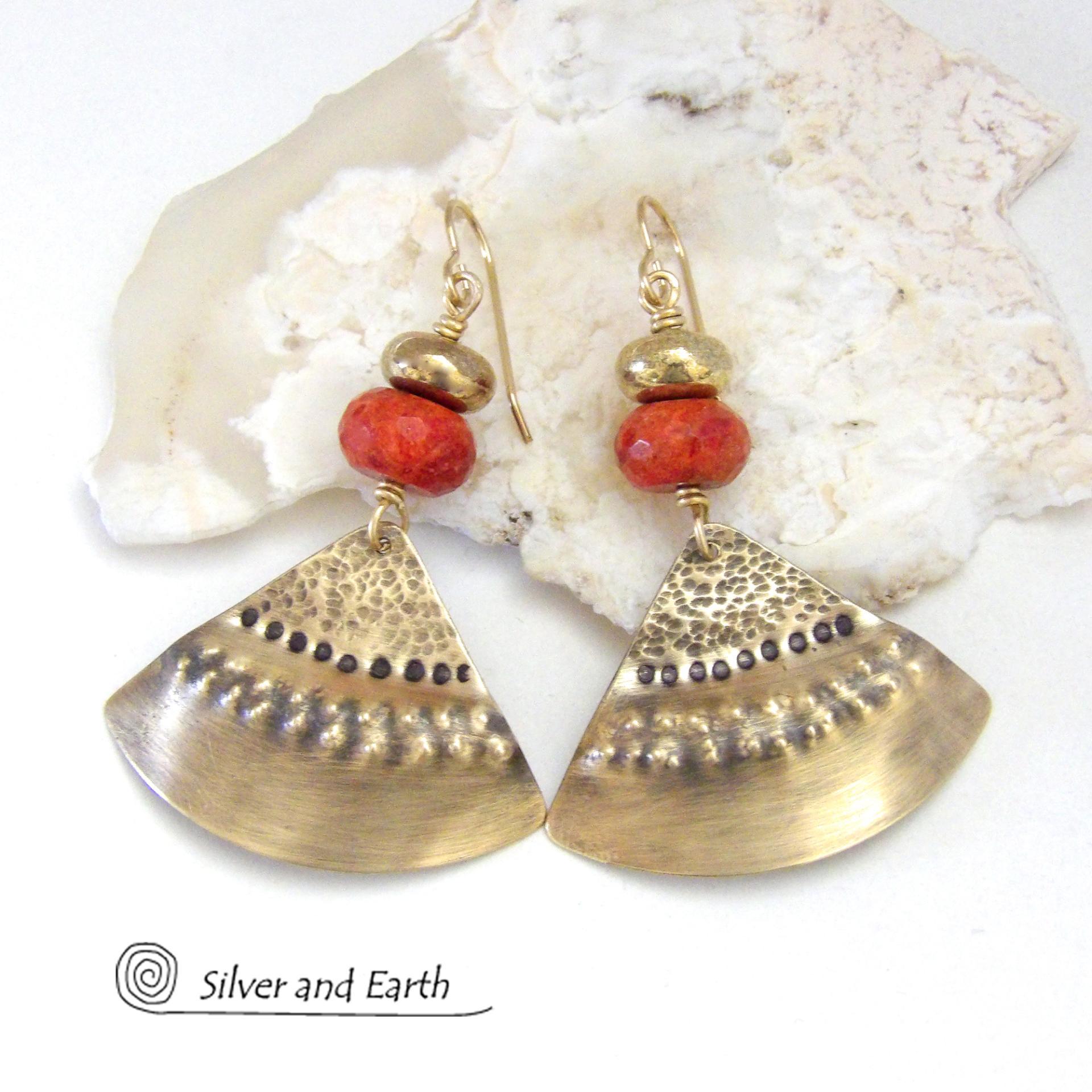 Textured Gold Brass Earrings with Red Coral - Unique Boho Chic Style Jewelry