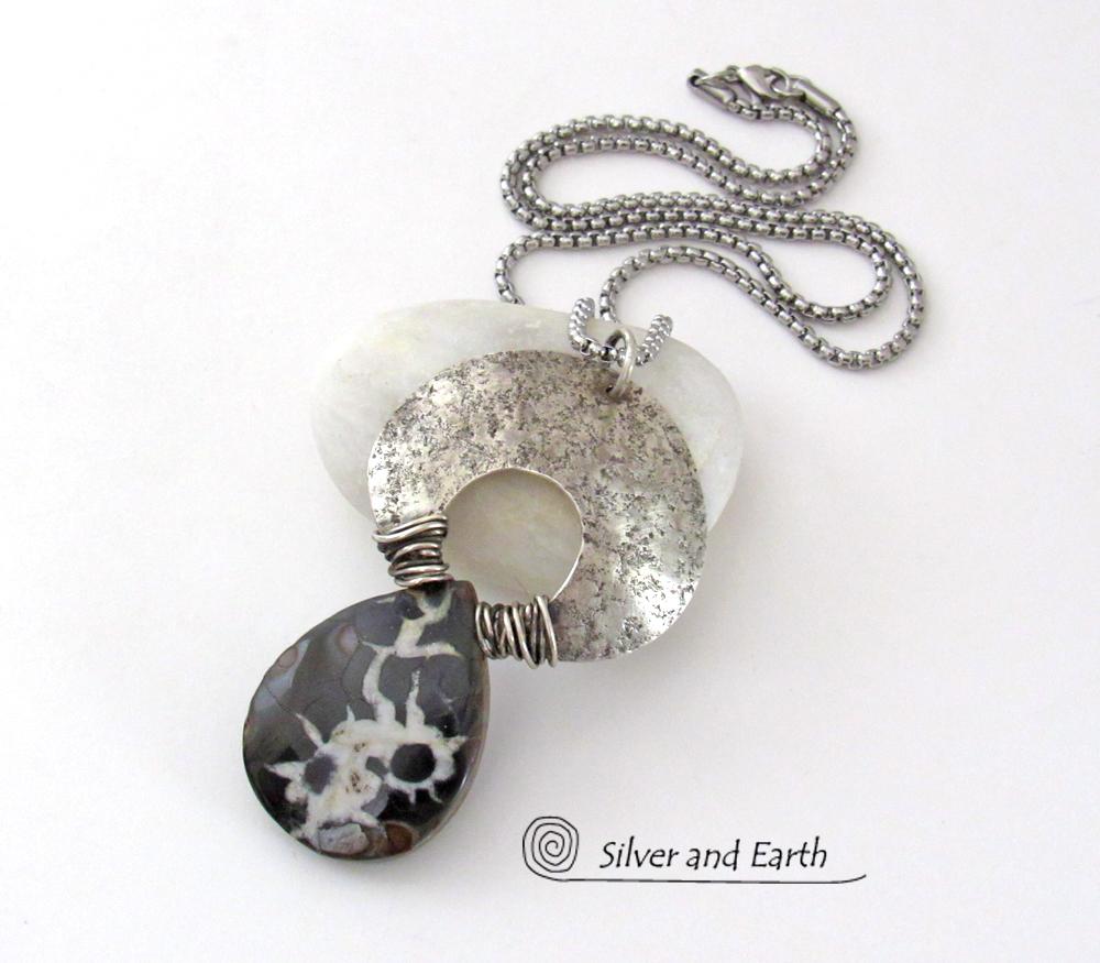 Septarian Fossil Sterling Silver Necklace - Unique One of a Kind Fossil Stone Jewelry