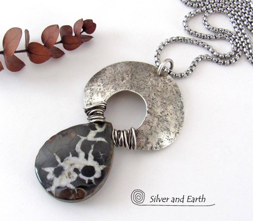 Septarian Fossil Sterling Silver Necklace - Unique One of a Kind Fossil Stone Jewelry