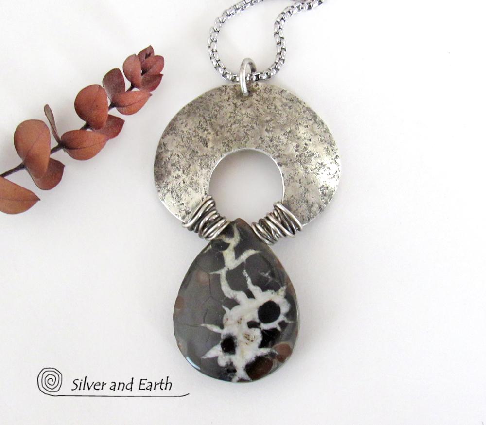 Septarian Fossil Sterling Silver Necklace - Unique One of a Kind Fossil Stone Jewelry