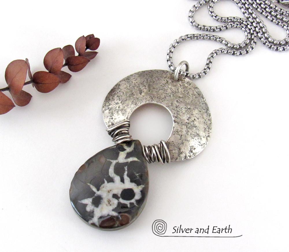 Septarian Fossil Sterling Silver Necklace - Unique One of a Kind Fossil Stone Jewelry