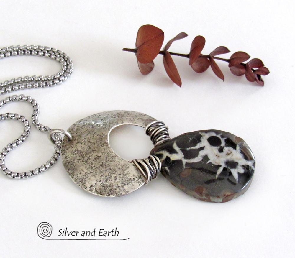 Septarian Fossil Sterling Silver Necklace - Unique One of a Kind Fossil Stone Jewelry