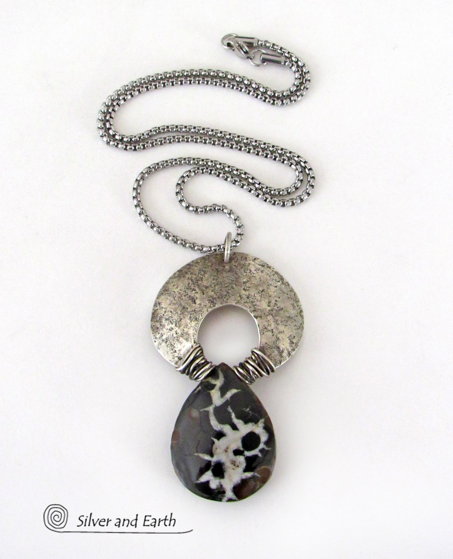 Septarian Fossil Sterling Silver Necklace - Unique One of a Kind Fossil Stone Jewelry