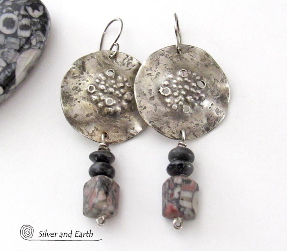 Crinoid Fossil Sterling Silver Earrings with Gray Jasper Stones - Modern Edgy Rustic Organic Silver Jewelry