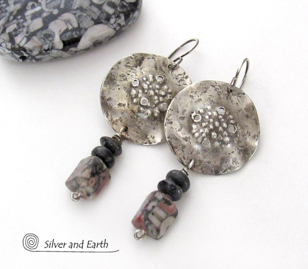 Crinoid Fossil Sterling Silver Earrings with Gray Jasper Stones - Modern Edgy Rustic Organic Silver Jewelry