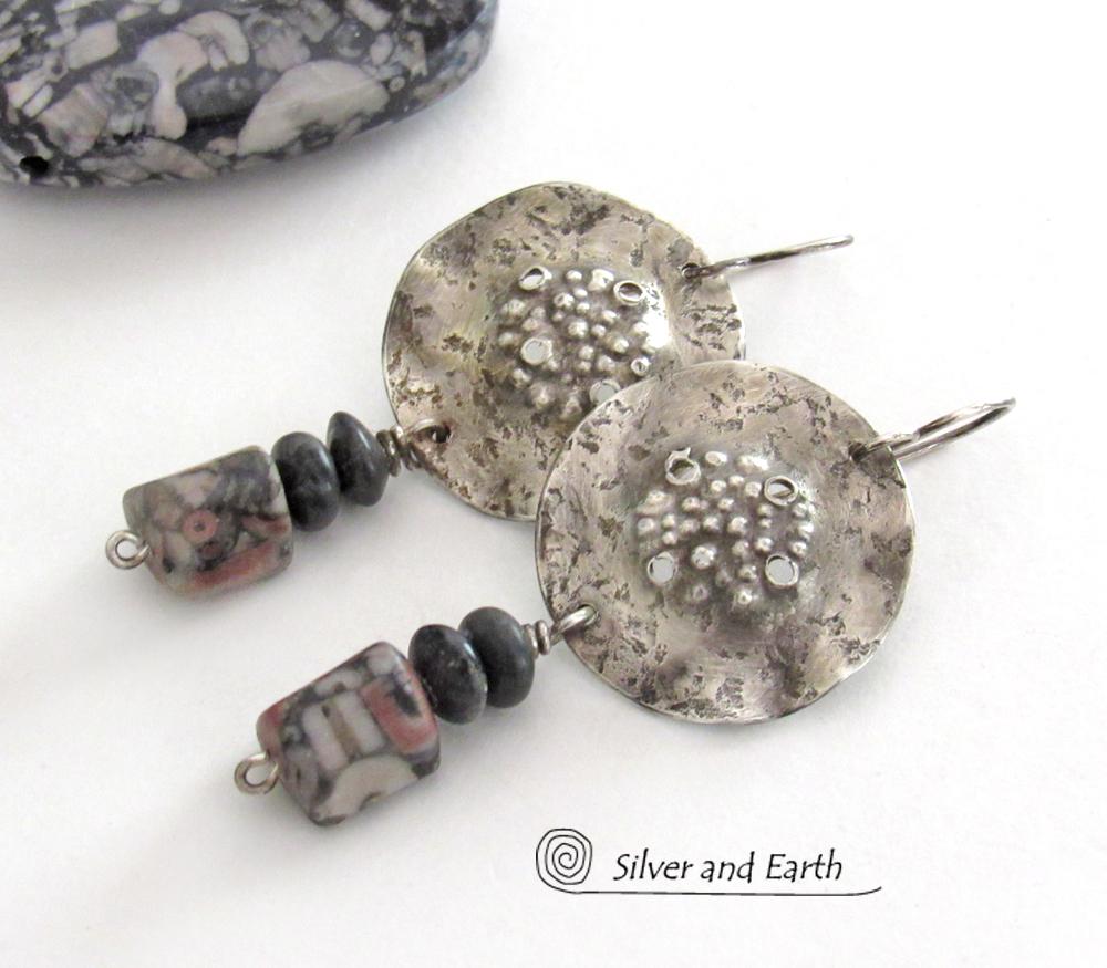 Crinoid Fossil Sterling Silver Earrings with Gray Jasper Stones - Modern Edgy Rustic Organic Silver Jewelry