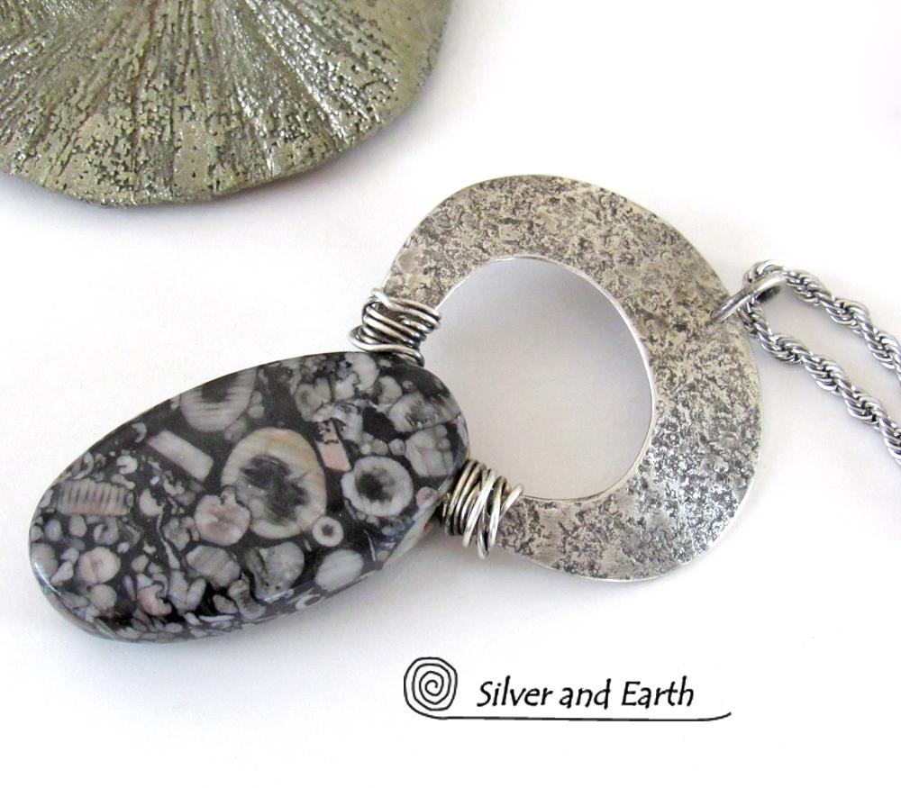 Crinoid Fossil Sterling Silver Necklace - One of a Kind Fossil Stone Jewelry