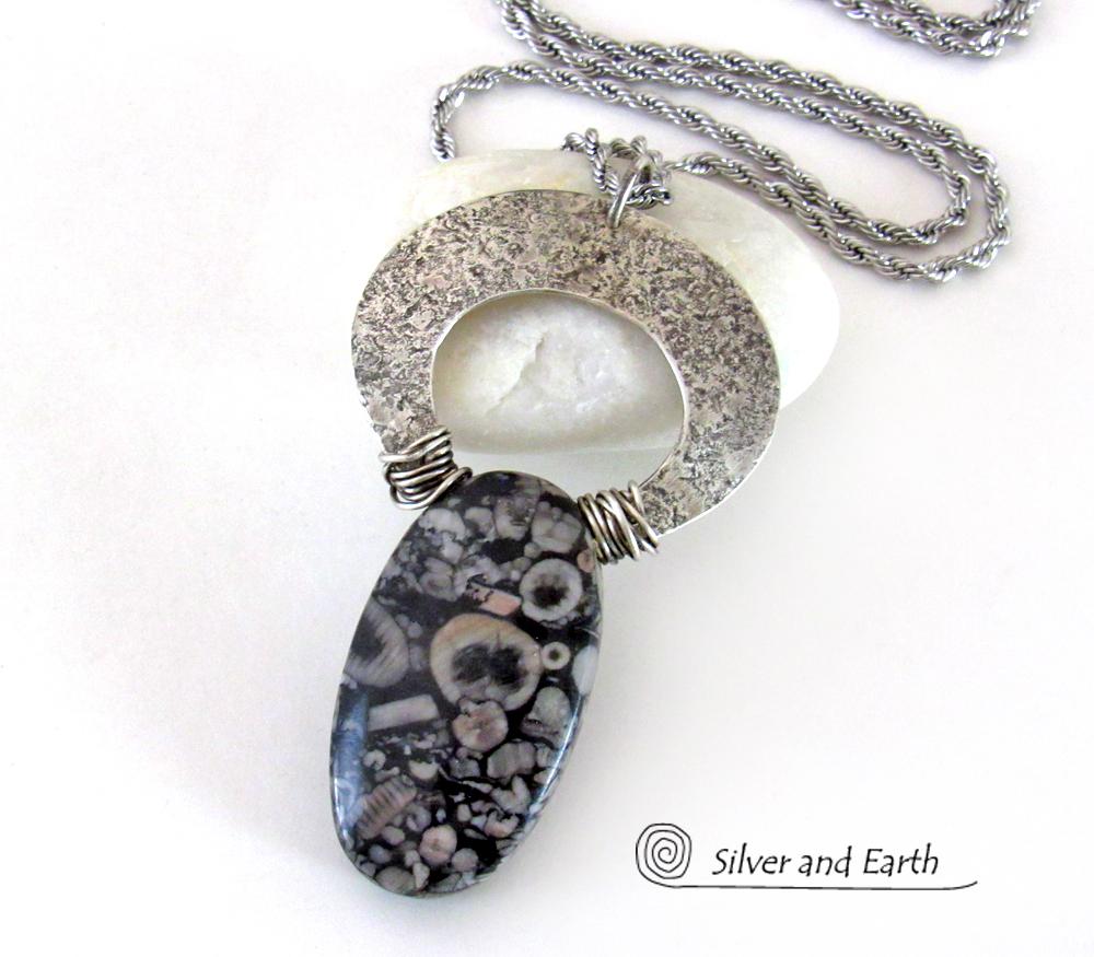 Crinoid Fossil Sterling Silver Necklace - One of a Kind Fossil Stone Jewelry