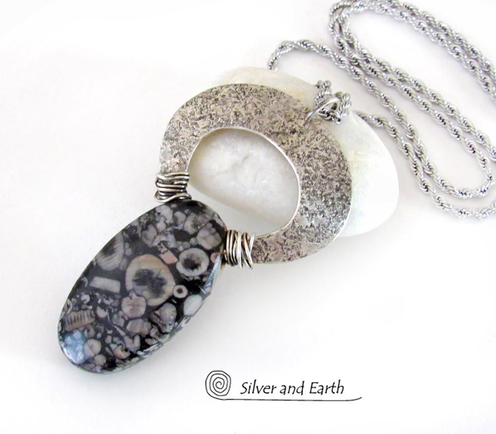 Crinoid Fossil Sterling Silver Necklace - One of a Kind Fossil Stone Jewelry