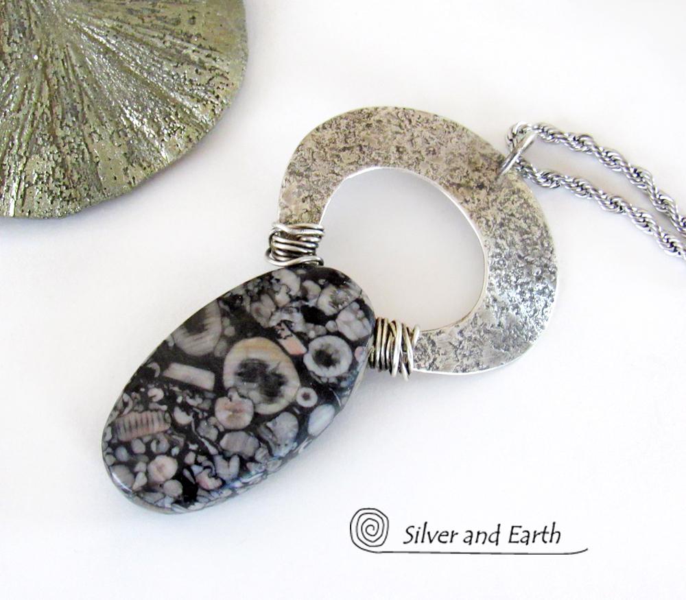 Crinoid Fossil Sterling Silver Necklace - One of a Kind Fossil Stone Jewelry