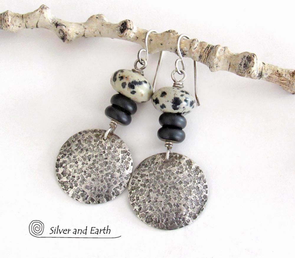 Sterling Silver Earrings with Dalmatian Jasper & Black Agate Stones - Artisan Handcrafted Modern Earthy Jewelry