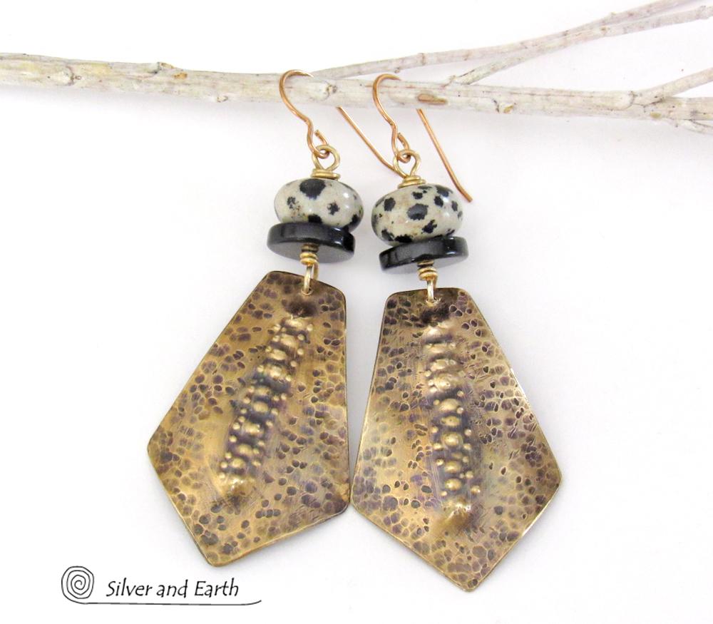 Hammered Gold Brass Tribal Earrings with Dalmatian Jasper & Black Onyx Stones