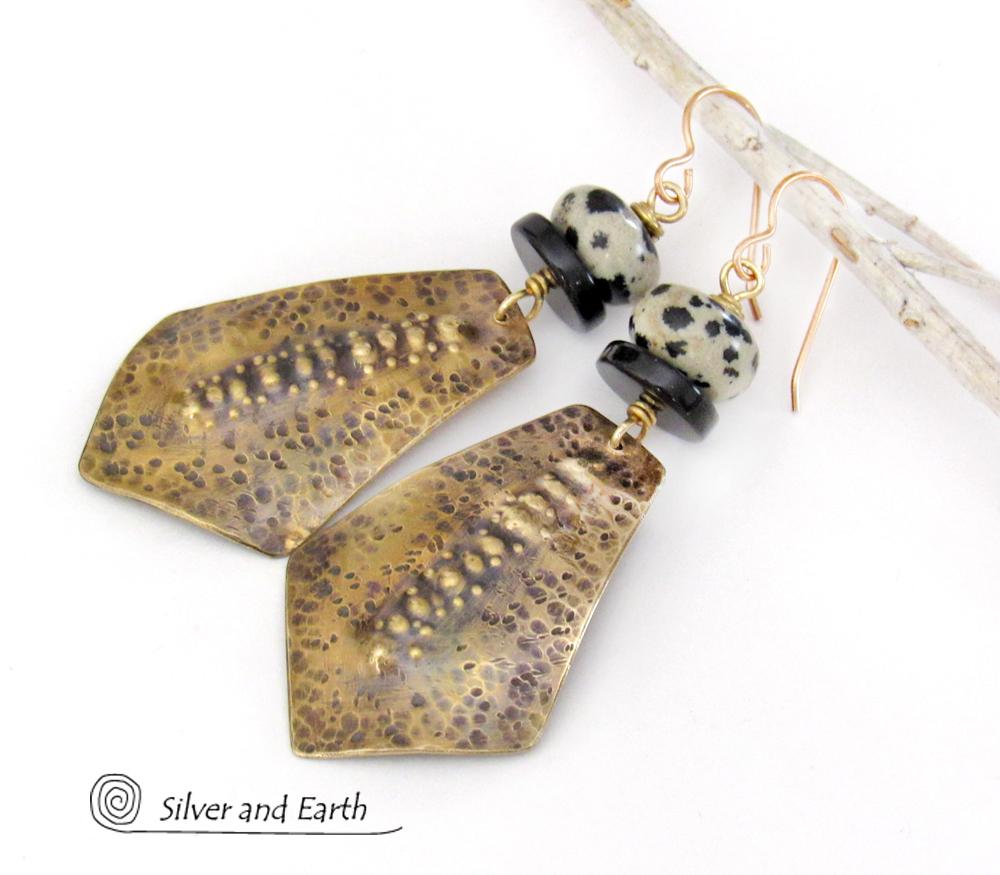 Hammered Gold Brass Tribal Earrings with Dalmatian Jasper & Black Onyx Stones